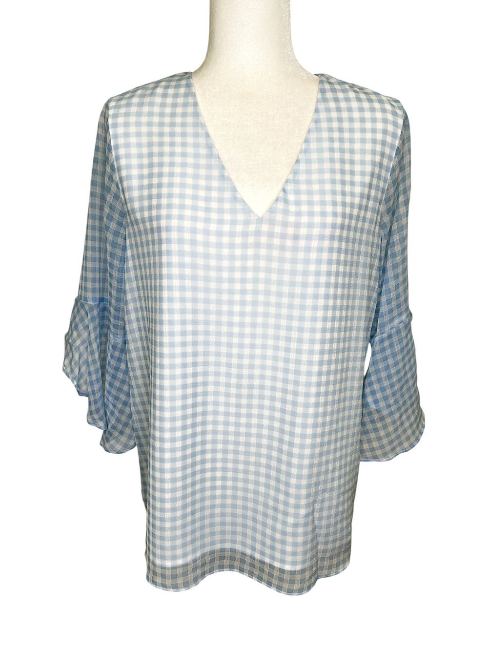 Calvin Klein Blue White Gingham Check Ruffle Sleeve V-Neck Blouse